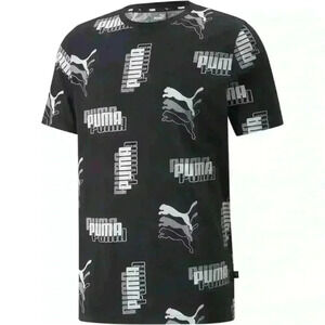PUMA Power AOP Tee Mens Short Sleeve All Over Logo Print Black White L